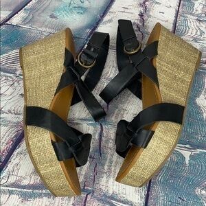 CATHY JEAN Black Weave Wedge Ankle Wrap Sa…